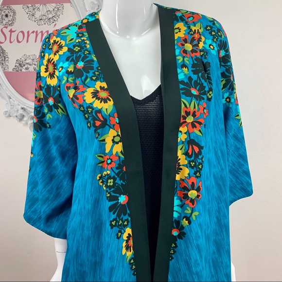 Bob Mackie Tops - Vintage Bob Mackie / Turquoise Floral with  Orange Yellow Black Flowers Kimono
